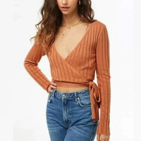🛍 2 for $25! 🛍 Forever 21 - Burnt Pumpkin Ribbed Wrap /Tie LongSleeve - Picture 1 of 9